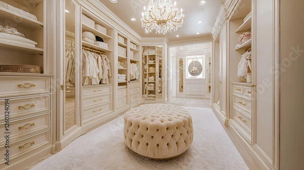 Fototapeta Elegant walk-in closet with custom shelving, chandelier, soft carpeting, mirrored accents, and comfortable ottoman.