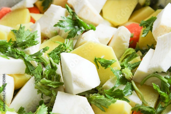 Fototapeta Fresh vegetables sliced. Carrots and celery





