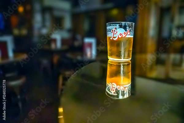 Fototapeta A glass of beer on the table. Bar in the blurred background with no people. 09/03/2024