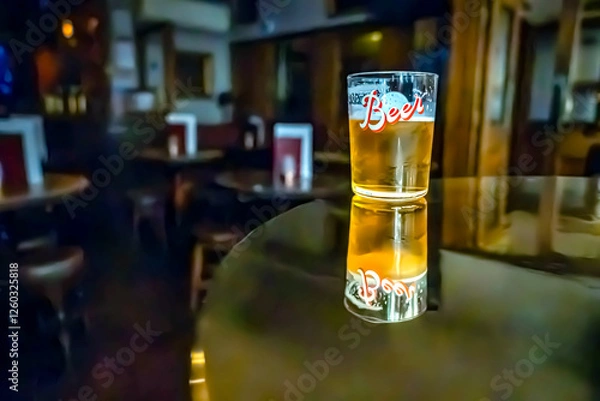 Fototapeta A glass of beer on the table. Bar in the blurred background with no people. 09/03/2024