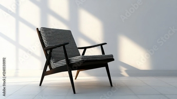 Fototapeta Patterned chair in room with white walls and sunlight; interior design display