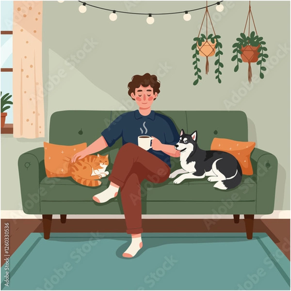 Fototapeta Relaxing at Home Man with Coffee, Cat and Dog on Sofa