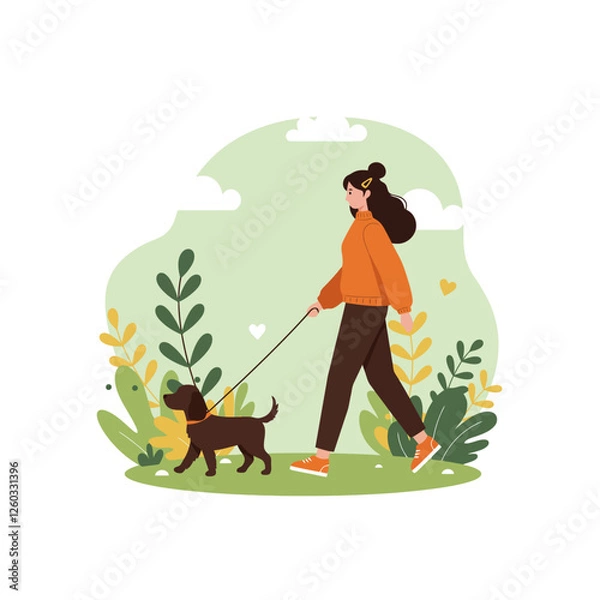 Fototapeta Woman Walking Dog Outdoors in Nature Illustration for Active Lifestyle