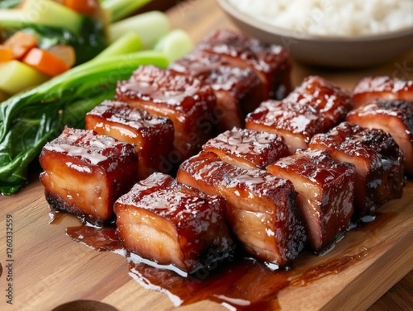 Obraz A thinly slicedc with a deep red caramelized glaze, arranged on a dark ceramic plate. Chinese food. 