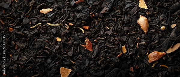 Fototapeta Loose black tea leaves with spices, textured close-up, organic herbal blend, dried tea composition, aromatic ingredients, dark natural infusion, exotic warm beverage, rustic dry leaf mixture