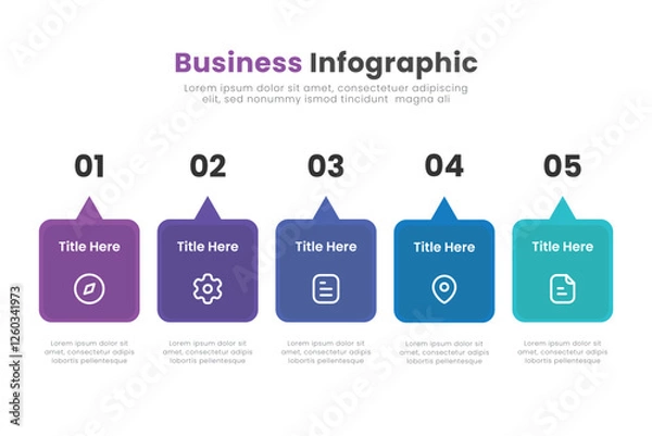 Fototapeta Business infographic template design. Timeline concept with 5 steps. Can be used for presentations, workflow layout, diagram, banner, web design, Vector illustration.