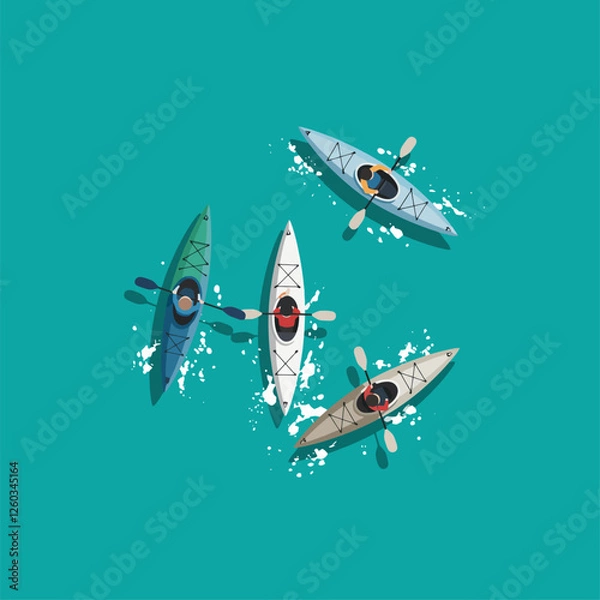 Fototapeta Kayaking Adventure with Friends on Calm Blue Water From Above
