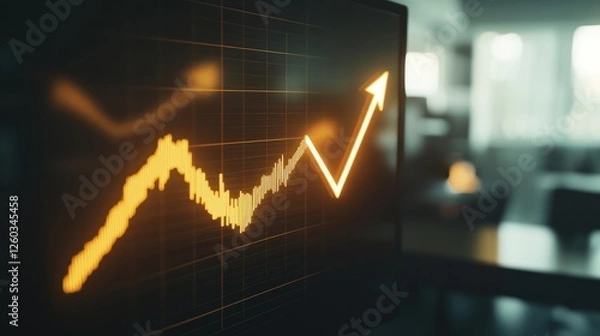 Fototapeta Glowing upward arrow graph on digital screen symbolizing positive company growth and future outlook, representing business success and financial progress.