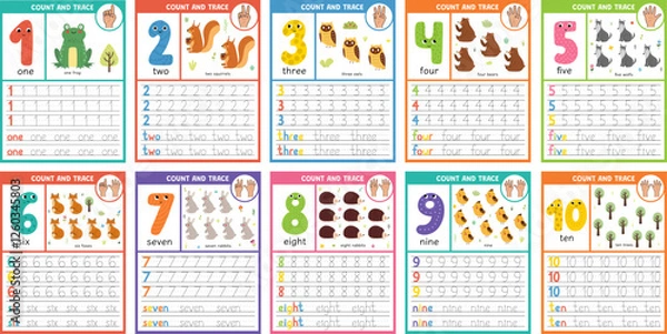 Fototapeta Number tracing worksheets bundle for kids. Learning numbers 1-10 activity pages set for pre-school. Count and trace numbers templates collection. Vector illustration