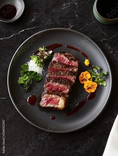 Fototapeta Sliced black Wagyu steak with a rich sauce, sea salt, microgreens, and edible flowers, elegantly plated on a dark matte dish.