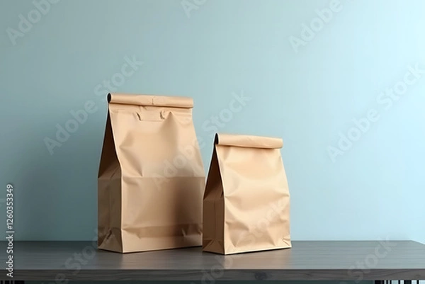 Fototapeta Two brown paper bags in a minimalist still life composition, arranged on a wooden desk or shelf, with soft, creamy blue lighting. perfect for mockups.
