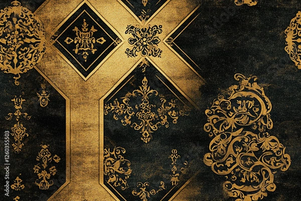 Fototapeta Classic oriental ornament with small decorative elements in gold and black colors, textures, patterns