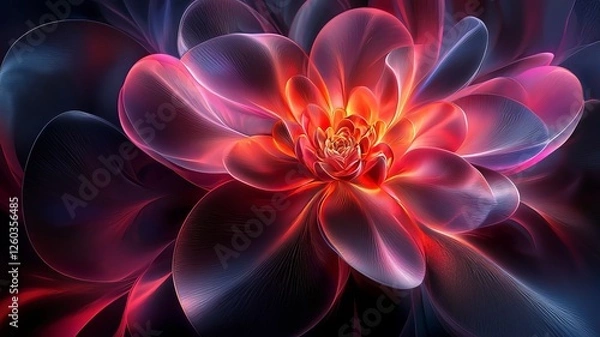 Fototapeta Vibrant abstract flower in radiant hues of red and pink, showcasing intricate petals against a dark background, perfect for nature and wellness themes.