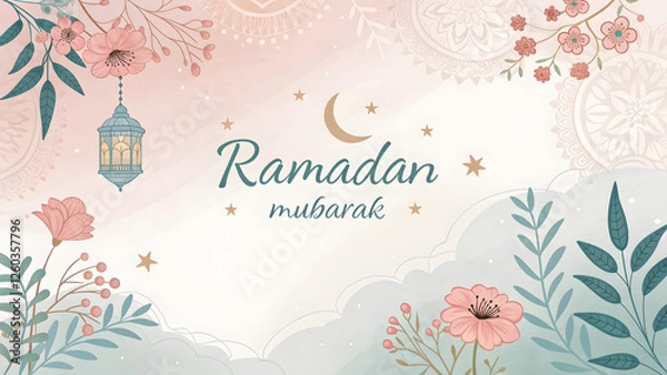 Fototapeta A soft and delicate design wishing "Ramadan Mubarak." The image features a blend of floral illustrations, pastel watercolor textures, and ornate Islamic elements like lanterns and crescent moons. 