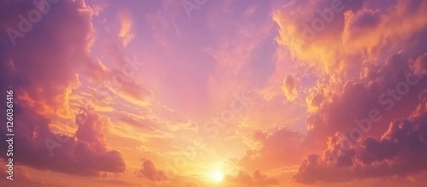 Fototapeta Vibrant sky with colorful clouds during golden hour sunset showcasing a serene and tranquil atmosphere.