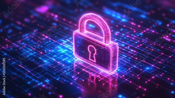 Fototapeta サイバーセキュリティのコンセプトイメージ。ネオンカラーの電気信号とロックシンボル。