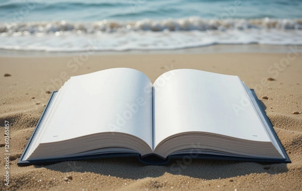 Fototapeta Blank Pages of Open Book Against Blurred Beach Background with Ocean View