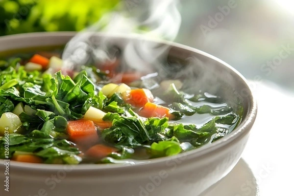 Fototapeta A close-up capture of a warm, inviting bowl of vegetable soup emitting steam, filled with fresh greens and diced veggies, presented on a bright white background.