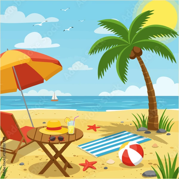 Fototapeta Cartoon Beach Scene with Palm Tree, Umbrella and Summer Accessories