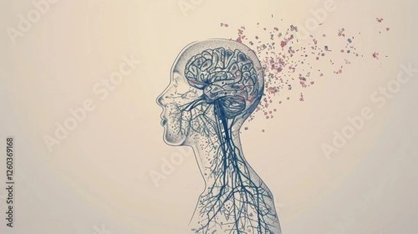 Fototapeta Detailed depiction of a human head silhouette with brain details and dissolving particles, symbolizing memory loss or cognitive decline. AI generated.