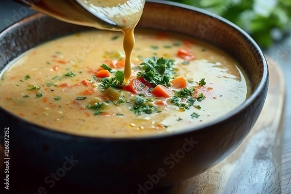 Fototapeta A close-up of a creamy vegetable soup being poured into a bowl, capturing the rich texture and color of the soup, with a sprinkle of fresh herbs on top.