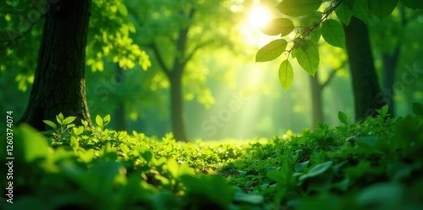 Fototapeta Dense foliage with sunlight filtering through leaves, atmosphere, light, greens