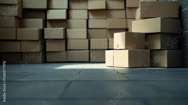 Fototapeta Stacks of cardboard boxes in empty home space with floor tiles providing ample copy space for text or advertising purposes