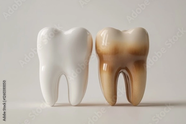 Fototapeta A set of clean and dirty teeth on a light coloured background. The concept of dental health. Health of tooth enamel