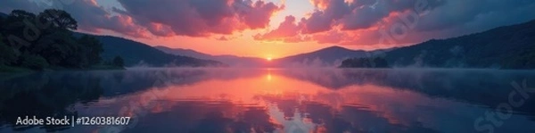 Fototapeta A peaceful lake with fire elements in the distance, peaceful, tranquility