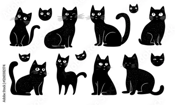 Fototapeta Linocut style cat kitten vector set, black on transparent background, cute cats, logo set, cartoon cats.