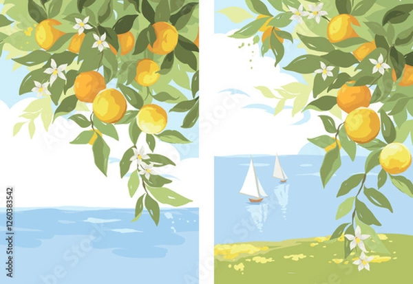 Fototapeta Background with orange branches and sea. Hand drawn vector illustration in watercolor style, poster or postcard with citrus and Mediterranean landscape.