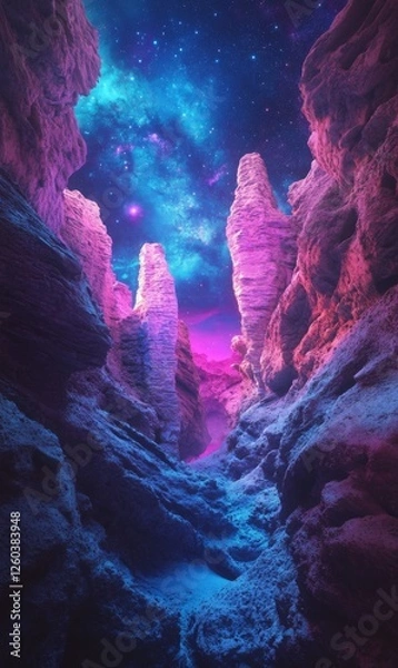 Fototapeta Otherworldly canyon beneath a shimmering celestial canopy of pinks blues and purples vista