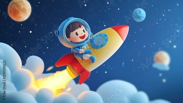 Fototapeta Adorable Astronaut Cartoon Boy on Rocket Flying Through Starry Space