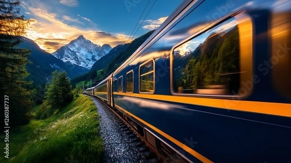 Fototapeta A scenic view of a train traveling through lush green landscapes and majestic mountains, illuminated by a vibrant sunset, offering a serene and captivating travel experience.