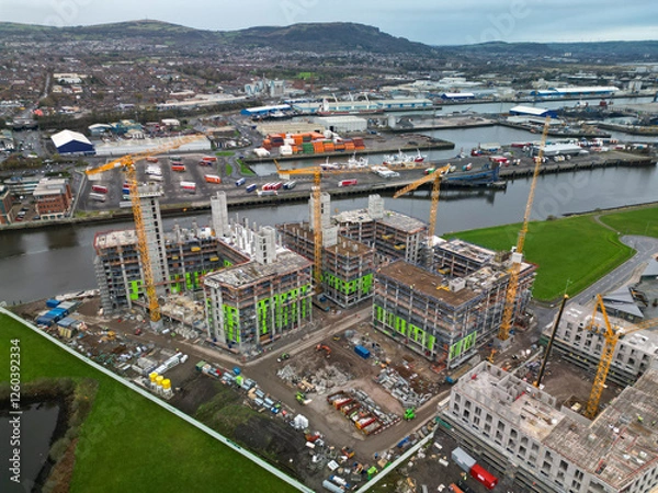 Obraz Construction Work near the River Lagan, Aerial shot Belfast Northern Ireland. 