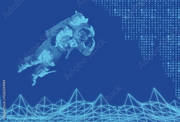 Fototapeta Astronaut looking to the future, space, science and technology,  Alien text and computer data on dark blue background.