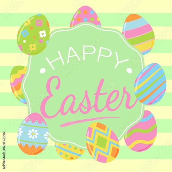Fototapeta Happy Easter banner, poster, greeting card. Easter background design with lettering, Easter eggs, bunny ears, in pastel colors. Vector illustration.