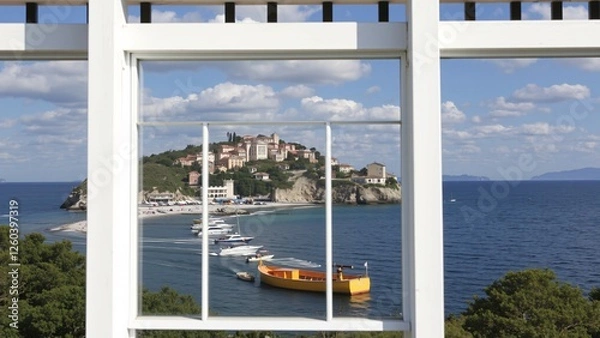Fototapeta Coastal Town View Through Modern Window Frame