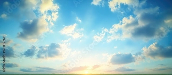 Fototapeta Summer morning sky with fluffy clouds and sunlight streaming through, creating a serene and peaceful atmosphere.