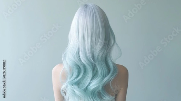 Fototapeta The back of a woman's head with long, wavy hair. the hair is a light blue color and appears to be dyed in a gradient of light blue and white.