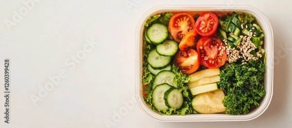 Fototapeta Fresh Vegan Salad in Organic Lunch Box Featuring Lettuce Tomatoes Cucumbers Zucchini and Parsley with Space for Text Vegetarian Meal