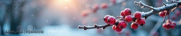 Fototapeta Frosted red berries glisten on winter twigs and branches, winter, branches, berries