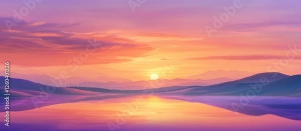Fototapeta Serene sunset reflection over tranquil waters with pastel hues illuminating the sky and distant mountains in peaceful harmony.