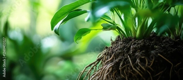 Fototapeta The intricate root structure of a vibrant ornamental plant showcasing natural beauty and lush greenery in a serene environment.