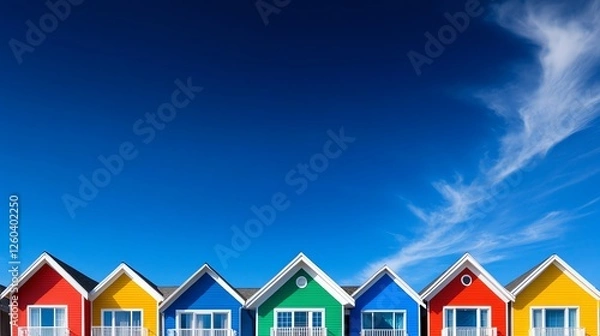 Fototapeta A vibrant row of colorful houses under a clear blue sky, showcasing unique architectural designs and bright colors, perfect for representation of modern living and community.