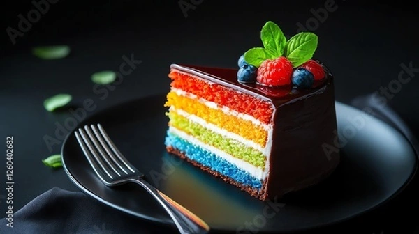 Fototapeta A vibrant slice of rainbow cake adorned with fresh berries and mint leaves, set against a dark background. This colorful dessert is perfect for celebrations and special occasions.