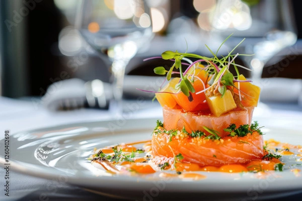 Obraz close up horizontal detailed image of a fancy fish dish served in a fine dining restaurant