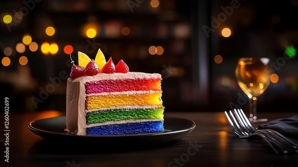 Fototapeta A vibrant slice of rainbow cake showcases layers of bright colors, adorned with fresh fruit. The dimly lit background adds a festive atmosphere, perfect for celebrations.