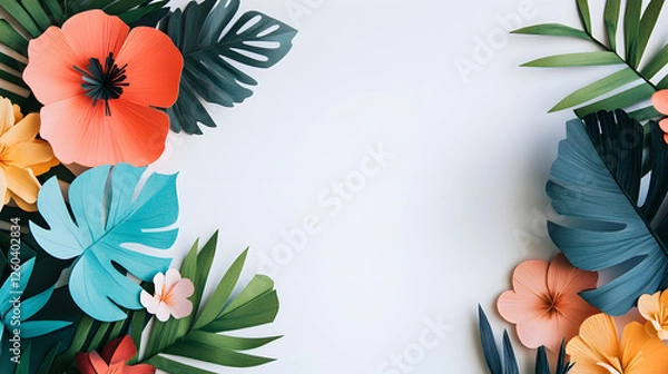 Fototapeta A flat lay of colorful paper cutouts depicting spring flowers and leaves
