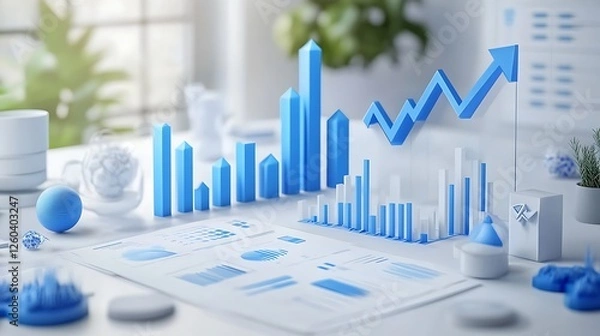 Fototapeta 3D Business Growth Illustration with Blue Charts, Abstract 3D illustration of business growth with blue charts and graphs